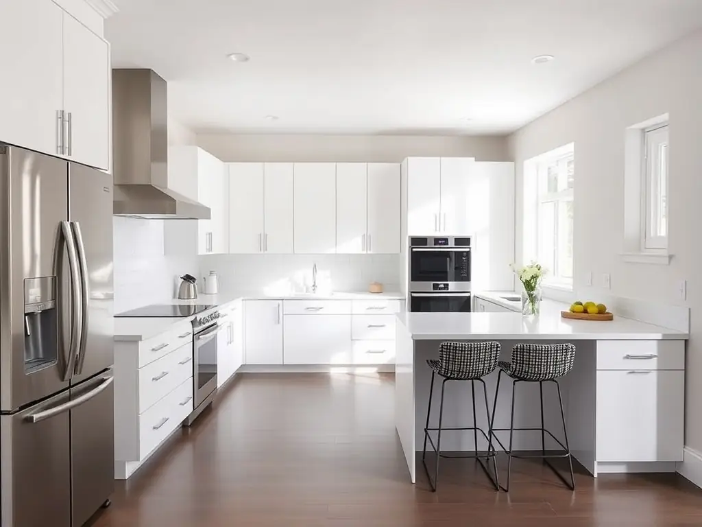 A brightly lit, modern kitchen featuring newly installed white cabinets, granite countertops, and stainless steel appliances. The image showcases a recent kitchen remodeling project completed by Dr. Florida Solutions INC.