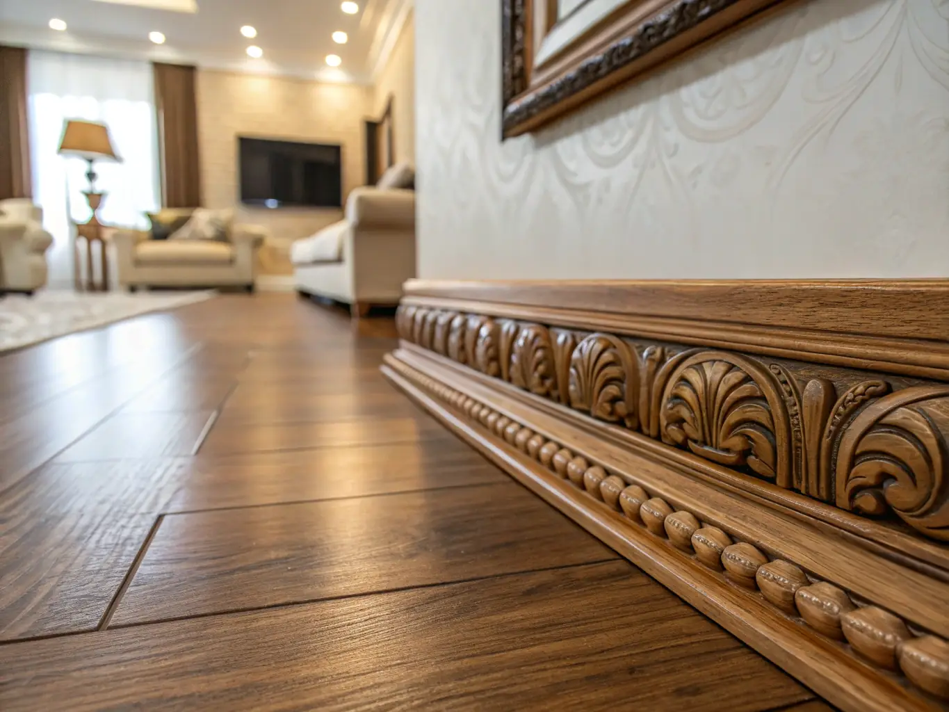A detailed close-up of newly installed crown molding and baseboards in a living room, showcasing the precision and craftsmanship of Dr. Florida Solutions INC.'s installation services.