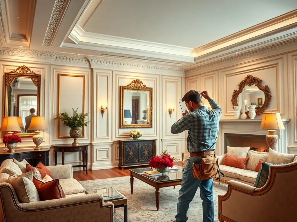 A detailed shot of expertly installed crown molding and custom cabinetry in a living room, highlighting the precision and craftsmanship of Dr. Florida Solutions INC.'s cabinet and molding installation service.