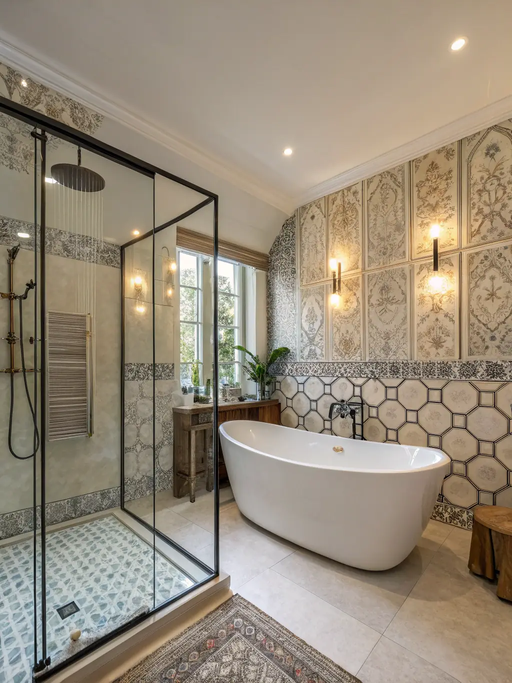 A luxurious bathroom featuring a walk-in shower with glass doors, custom vanity, and elegant tile work, highlighting a bathroom renovation project by Dr. Florida Solutions INC.