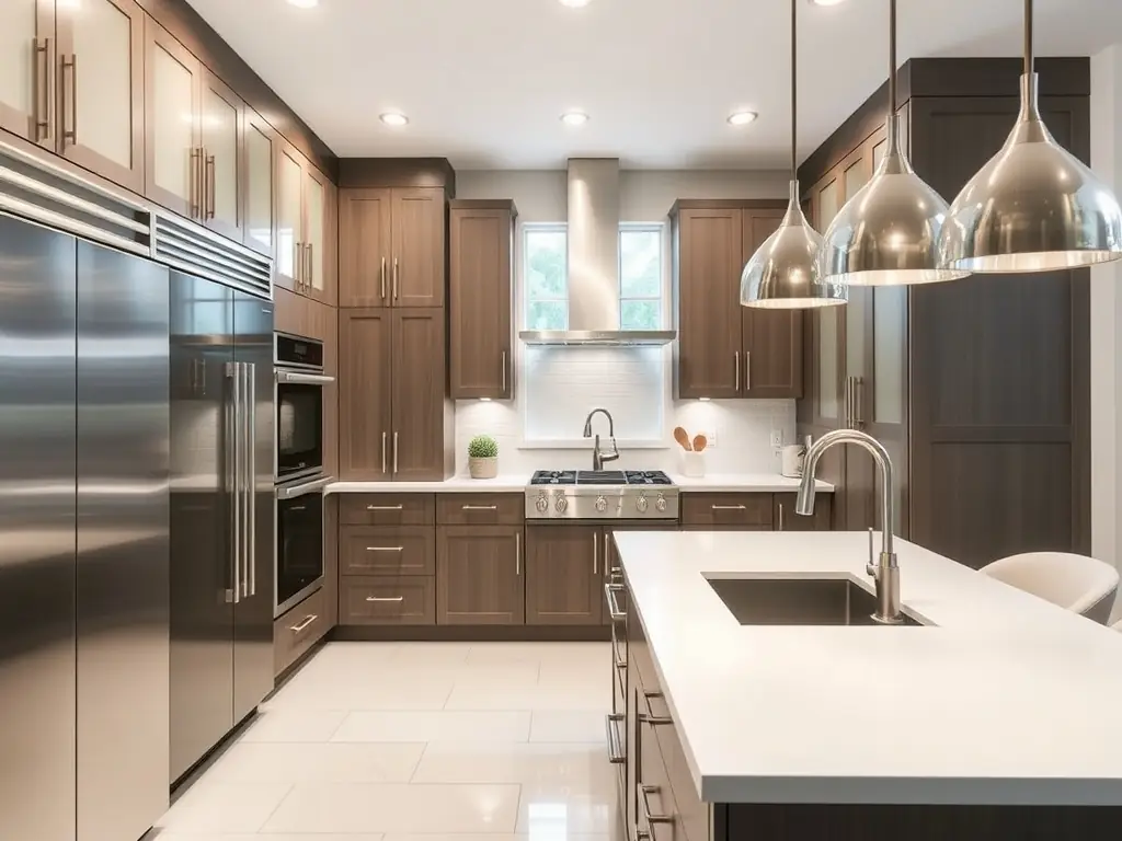 A bright, modern kitchen featuring newly installed custom cabinets, granite countertops, and stainless steel appliances, showcasing Dr. Florida Solutions INC.'s kitchen remodeling service.
