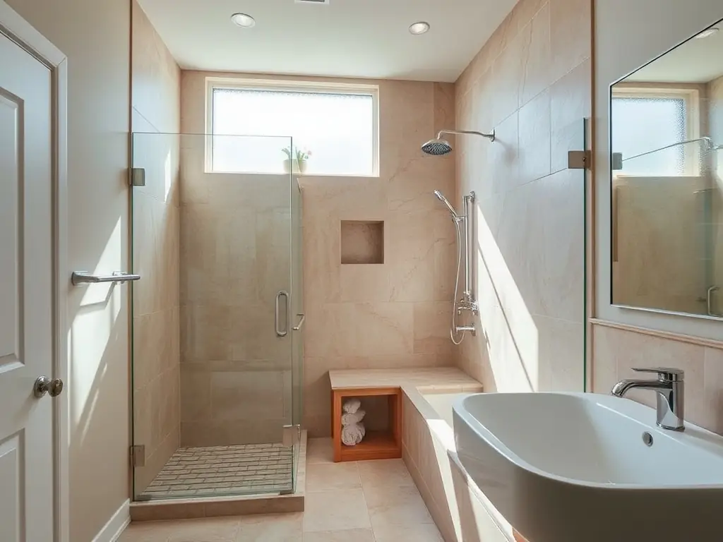A luxurious bathroom featuring a walk-in shower with glass doors, elegant tile work, and a modern vanity. The image highlights a recent bathroom renovation project by Dr. Florida Solutions INC.