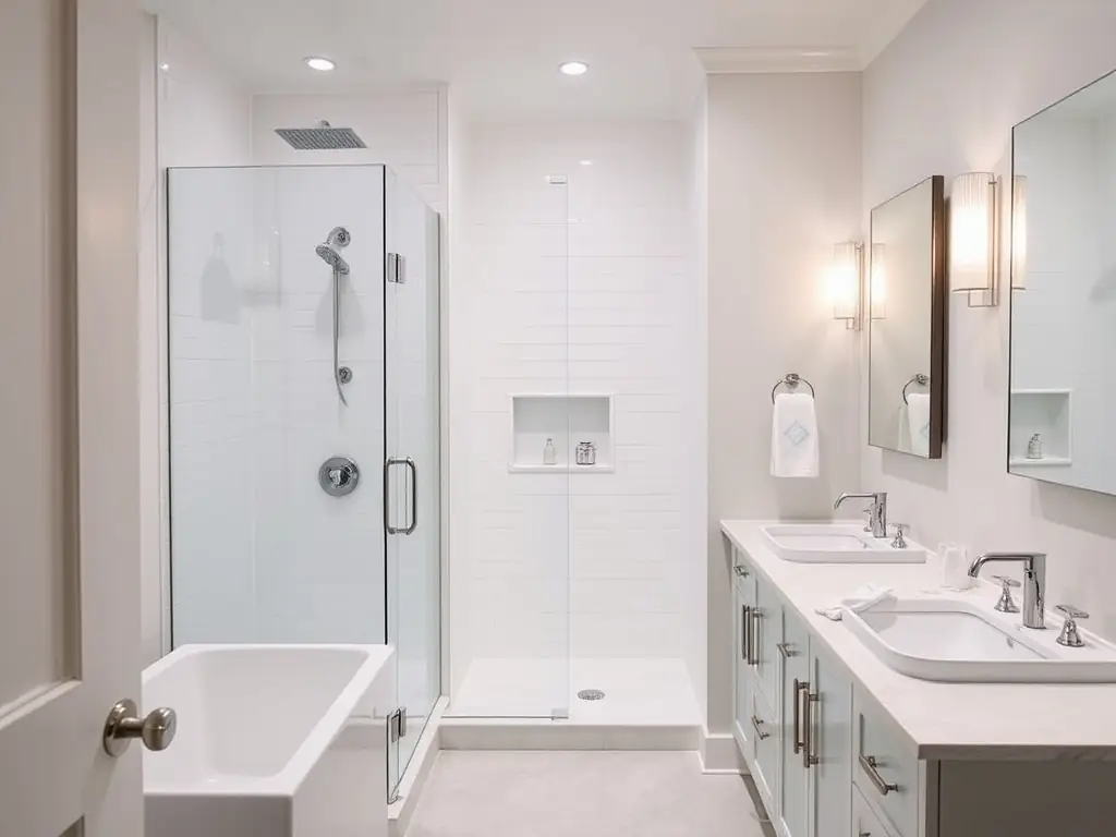 A luxurious bathroom featuring a walk-in shower with glass doors, a modern vanity with dual sinks, and elegant tile work, exemplifying Dr. Florida Solutions INC.'s bathroom renovation service.