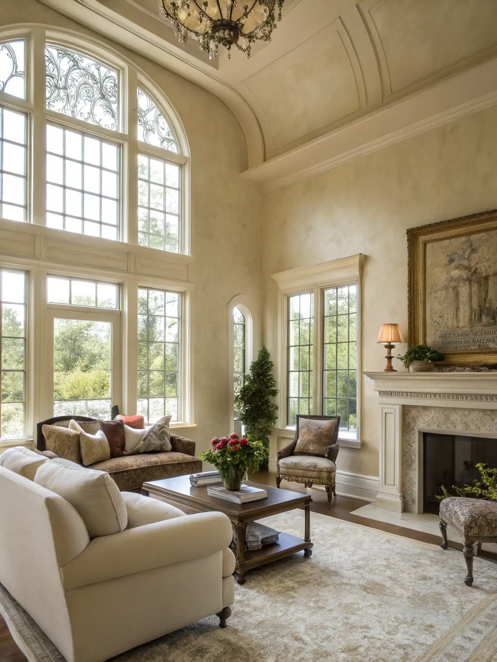 A living room with newly installed crown molding and custom cabinets, showcasing the craftsmanship of Dr. Florida Solutions INC.'s cabinet and molding installation services.